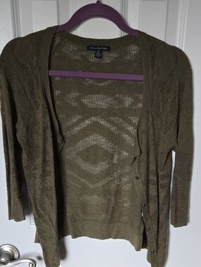 American Eagle Outfitters Olive Green Open-Knit Button Cardigan